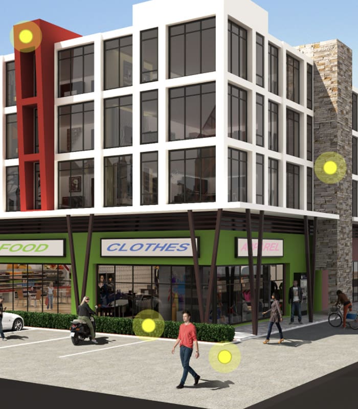 Clickable Coverage - Natural Disaster Insurance Scene with a Large Commerical Building with Customers Walking Around Outside